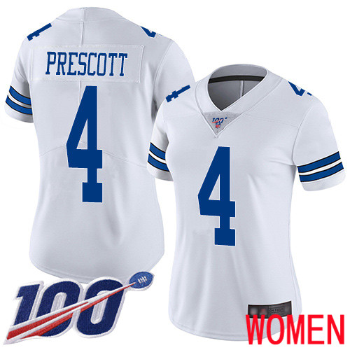 Women Dallas Cowboys Limited White Dak Prescott Road #4 100th Season Vapor Untouchable NFL Jersey->women nfl jersey->Women Jersey